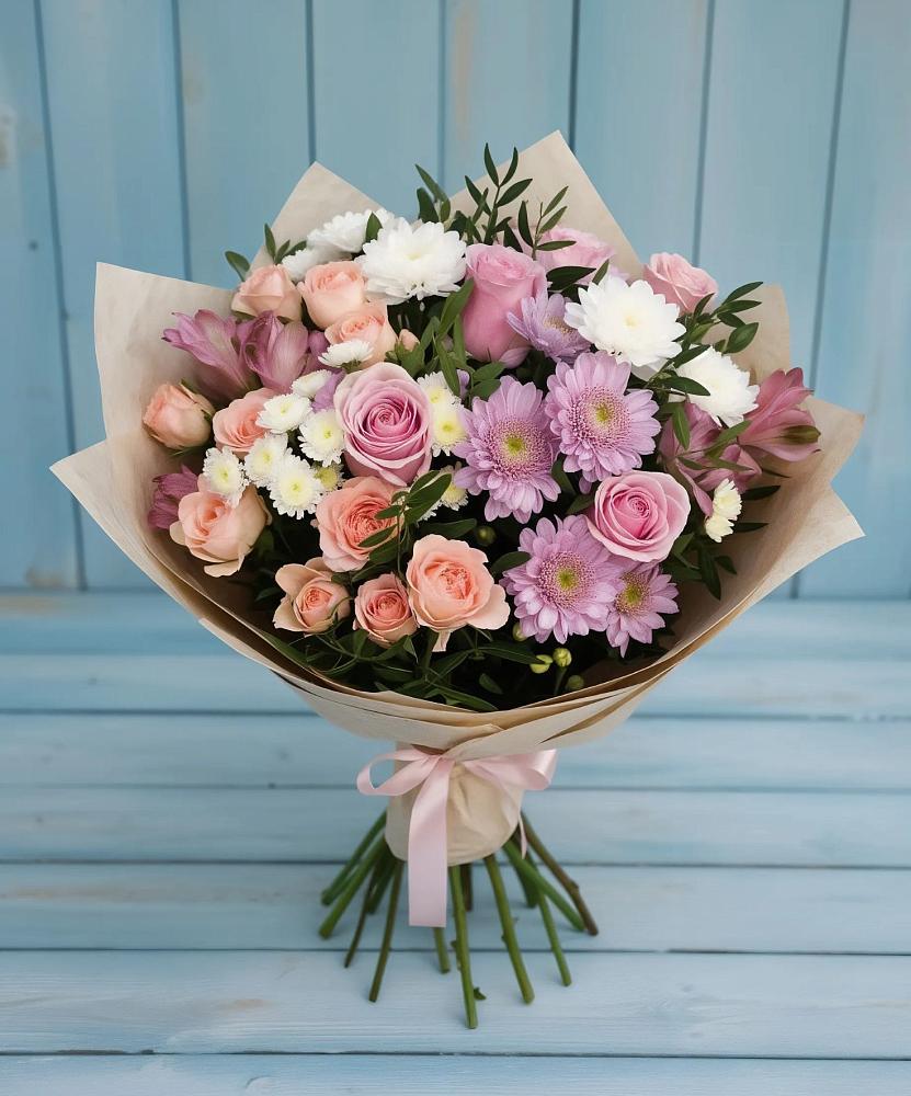 Букет цветов из: Хризантемы, Розы и Альстромерии в Ахты
