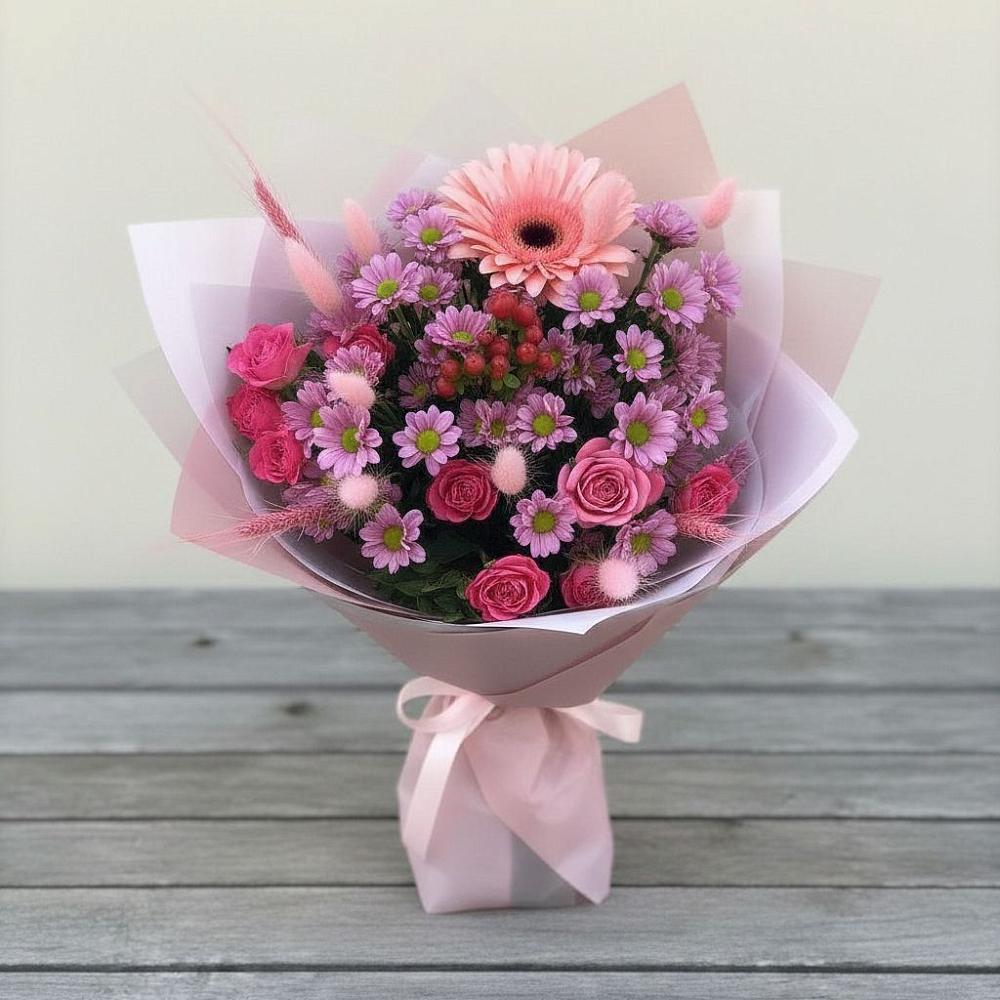 Букет цветов из: Розы, Герберы и Хризантемы в Ахты