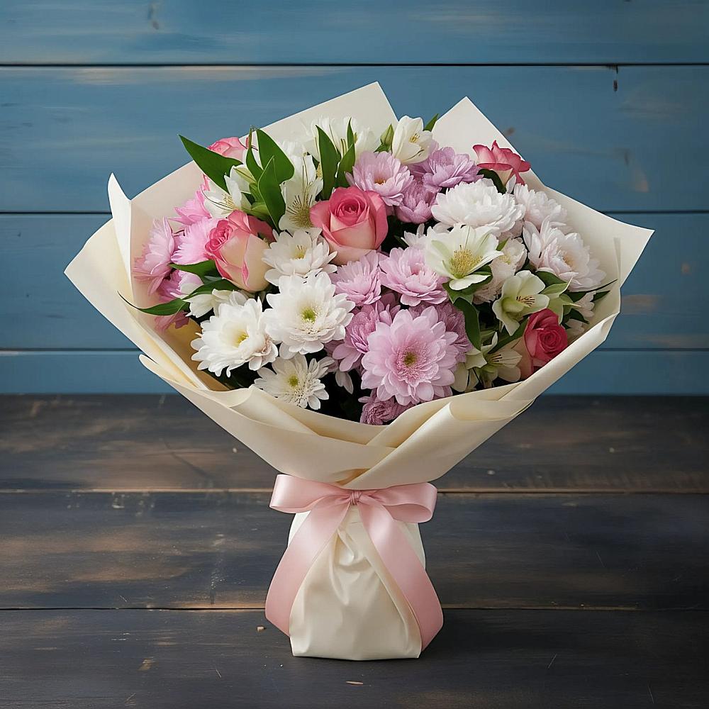 Букет цветов из: Хризантемы, Альстромерии и Розы в Ахты